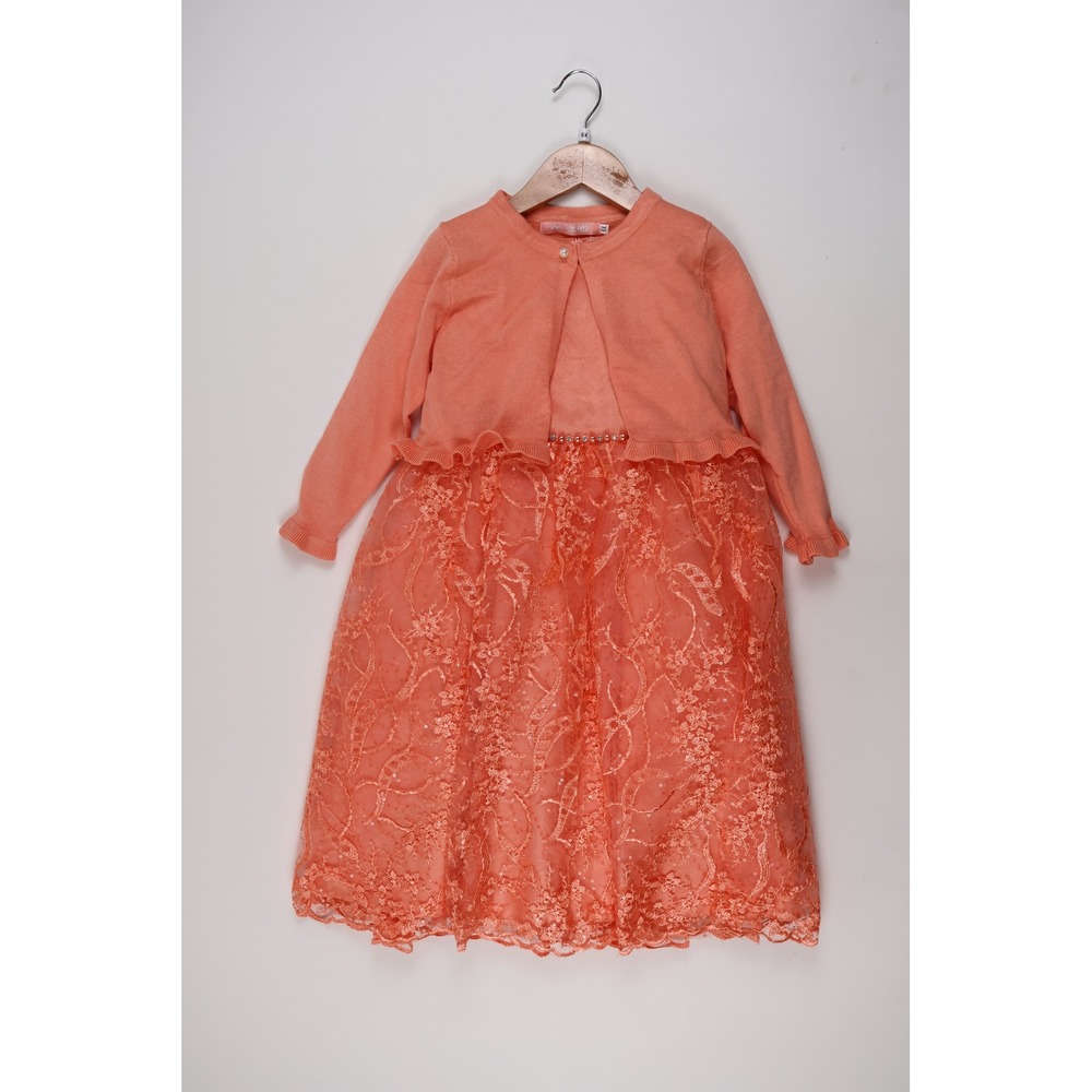 Pink Butterfly Lace Dress Cardigan Set Coral Floral Sequin 6X NWT